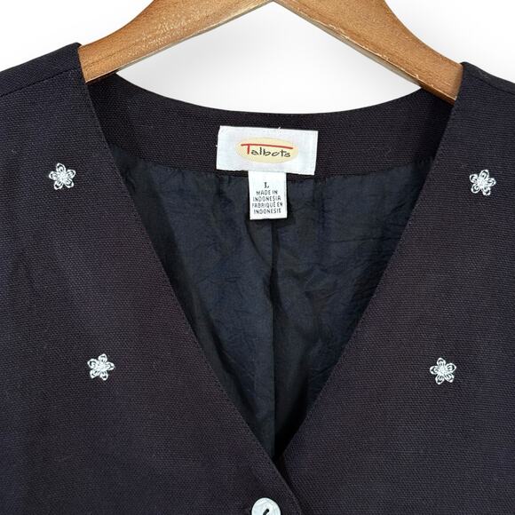 VTG Talbots Vest Womens Large Black Floral Embroidered Linen Blend Button Front - Picture 2 of 8